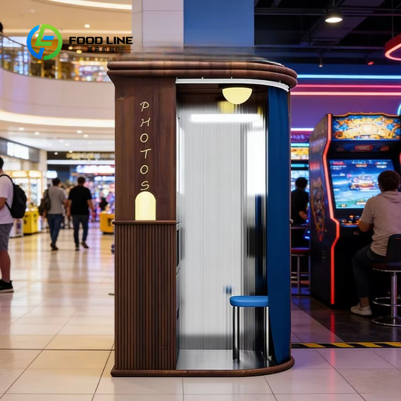 Commercial Photo Printing Kiosk - บูธถ่ายภาพแบบปิดสั่งทำพิเศษ ดีไซน์วินเทจสไตล์นอร์ดิก พร้อมระบบพิมพ์ภาพทันทีสำหรับใช้งานในร่ม เหมาะสำหรับห้างสรรพสินค้า ผู้ซื้อขายส่งเชิงพาณิชย์